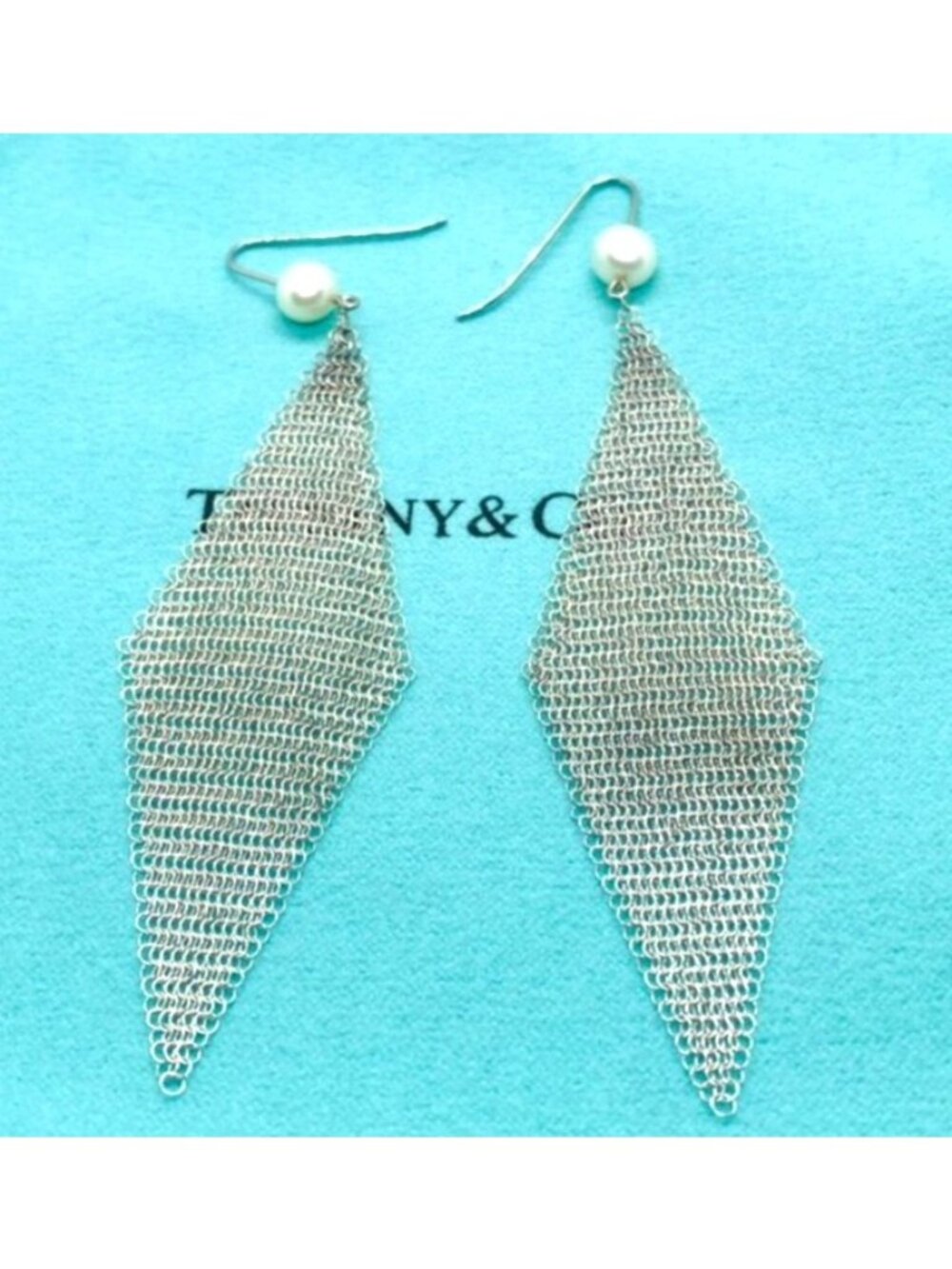 Tiffany & Co Sterling Silver 925 Mesh Pearl Earrings 3.7"